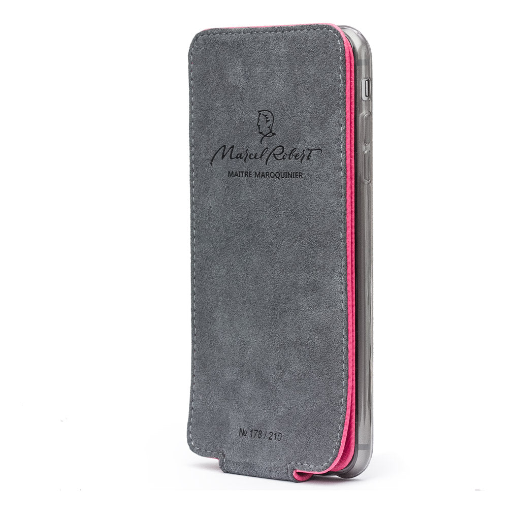 pink fluo leather case for iPhone X - interior view showing the Alcantara lining used to clean the phone screen