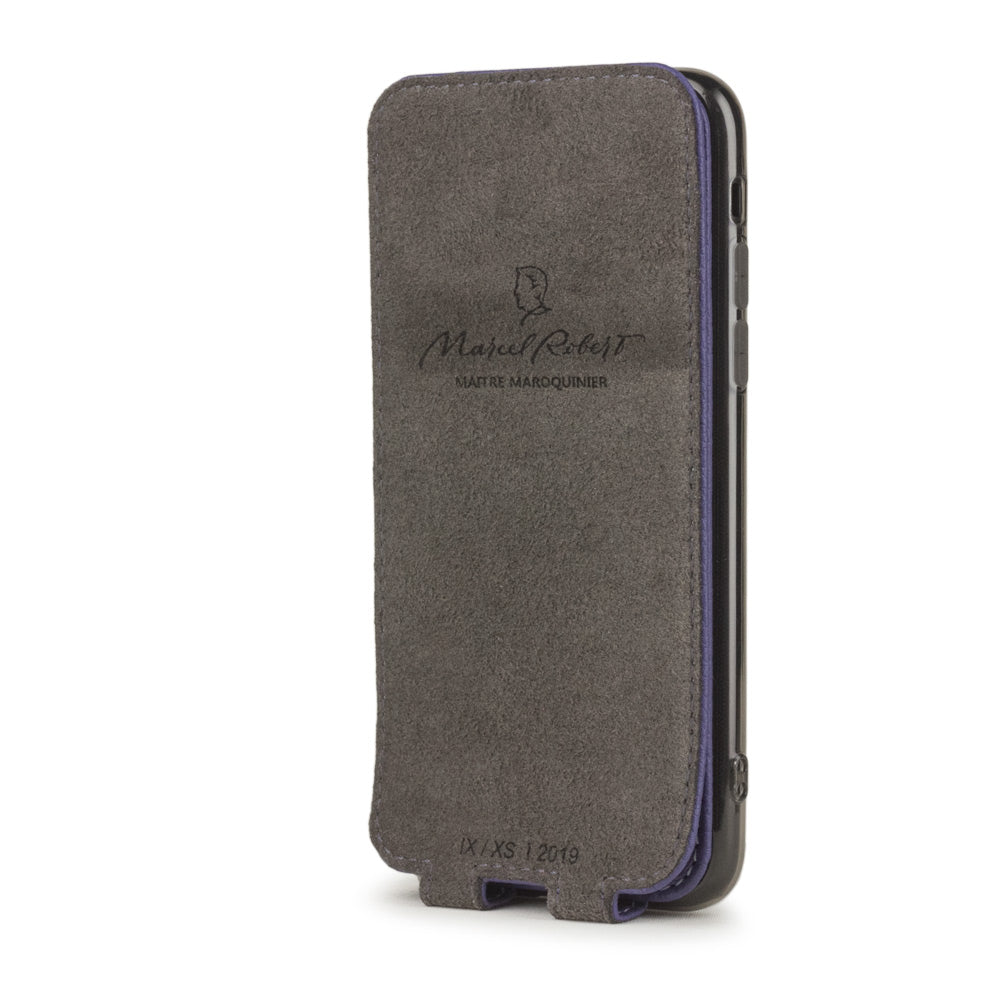 purple leather case for iPhone X - interior view showing the Alcantara lining used to clean the phone screen