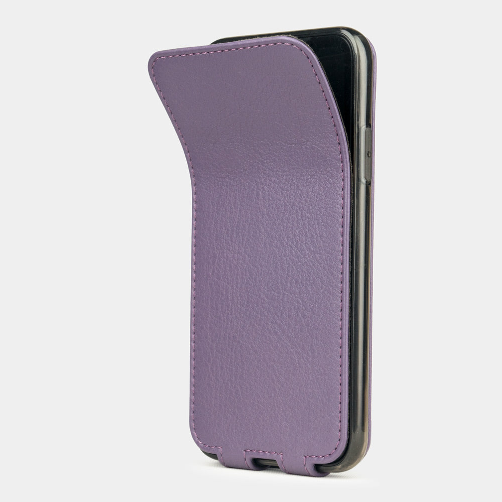 Violet leather flip case for iPhone X - side view showing the soft folding cover partially open