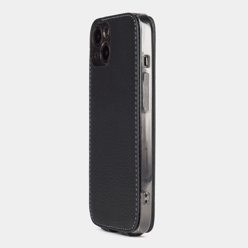 Black calfskin leather flip case for iPhone 15 – back view showing the camera cutout and hand-stitched edges