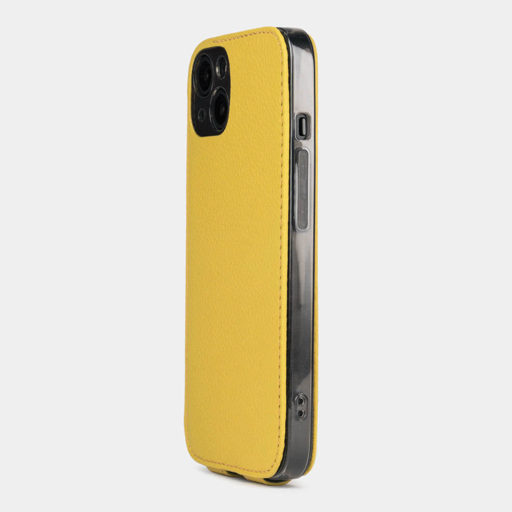 Yellow calfskin leather flip case for iPhone 15 – back view showing the camera cutout and hand-stitched edges