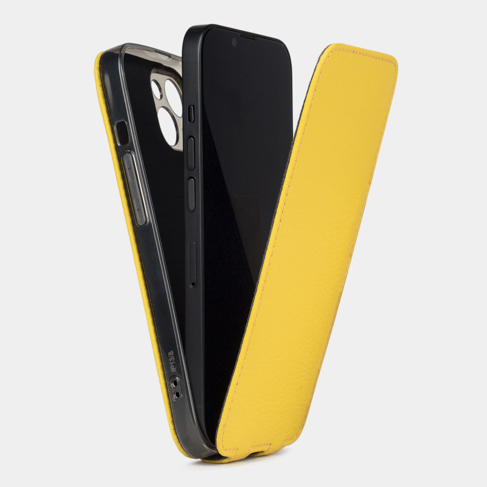 Yellow calfskin leather flip case for iPhone 15 – flap fully open, phone seated in the slim silicone shell