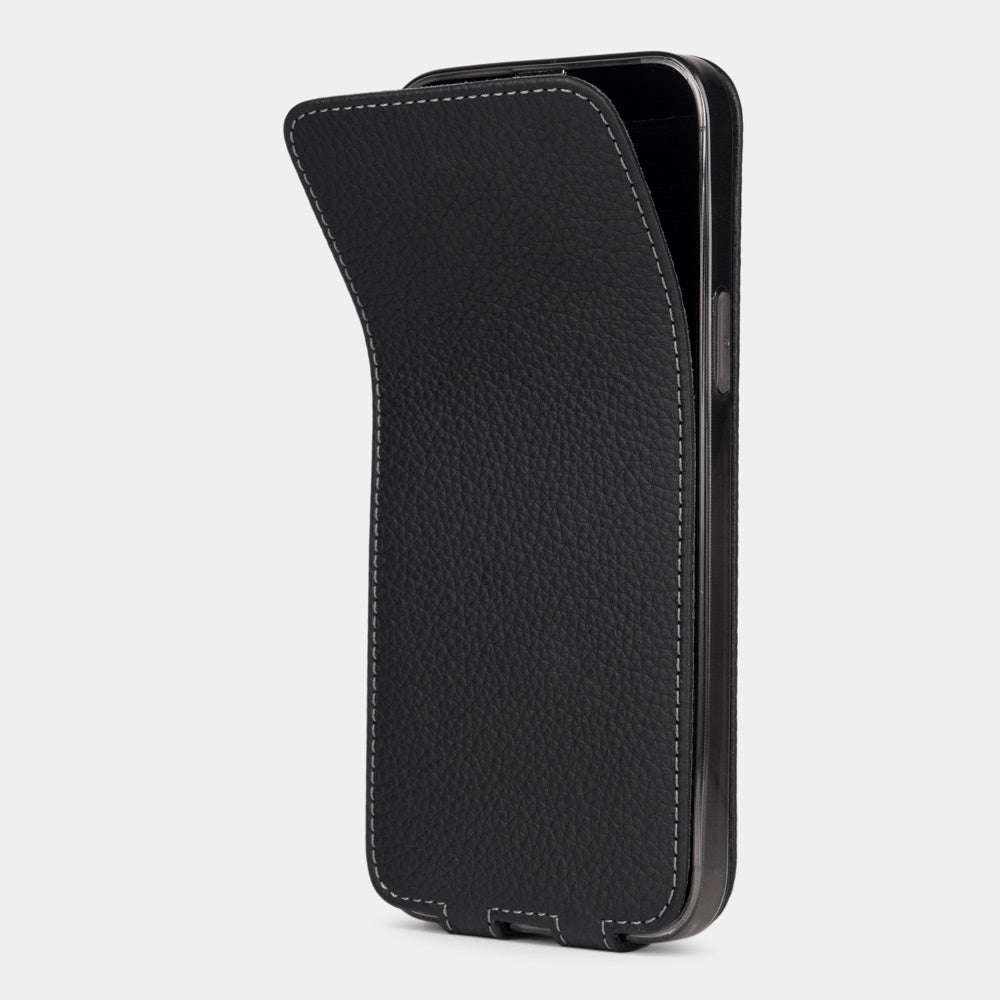 Black calfskin leather flip case for iPhone 15 – magnetic flap opening to reveal the screen