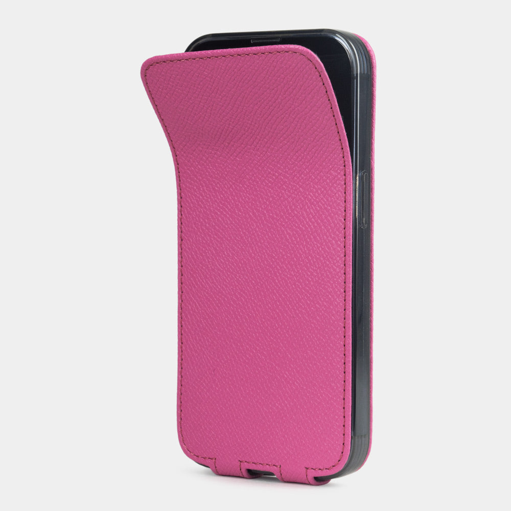Pink calfskin leather flip case for iPhone 15 – magnetic flap opening to reveal the screen