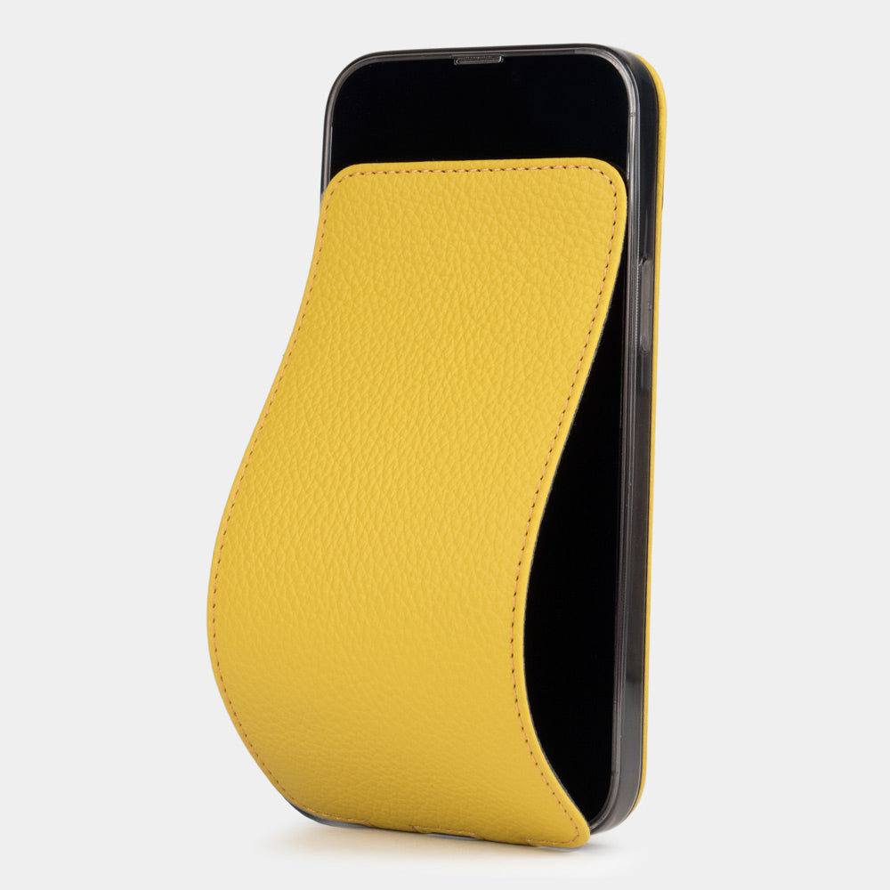 Yellow calfskin leather flip case for iPhone 15 – folding magnetic flap curving away to clean the screen
