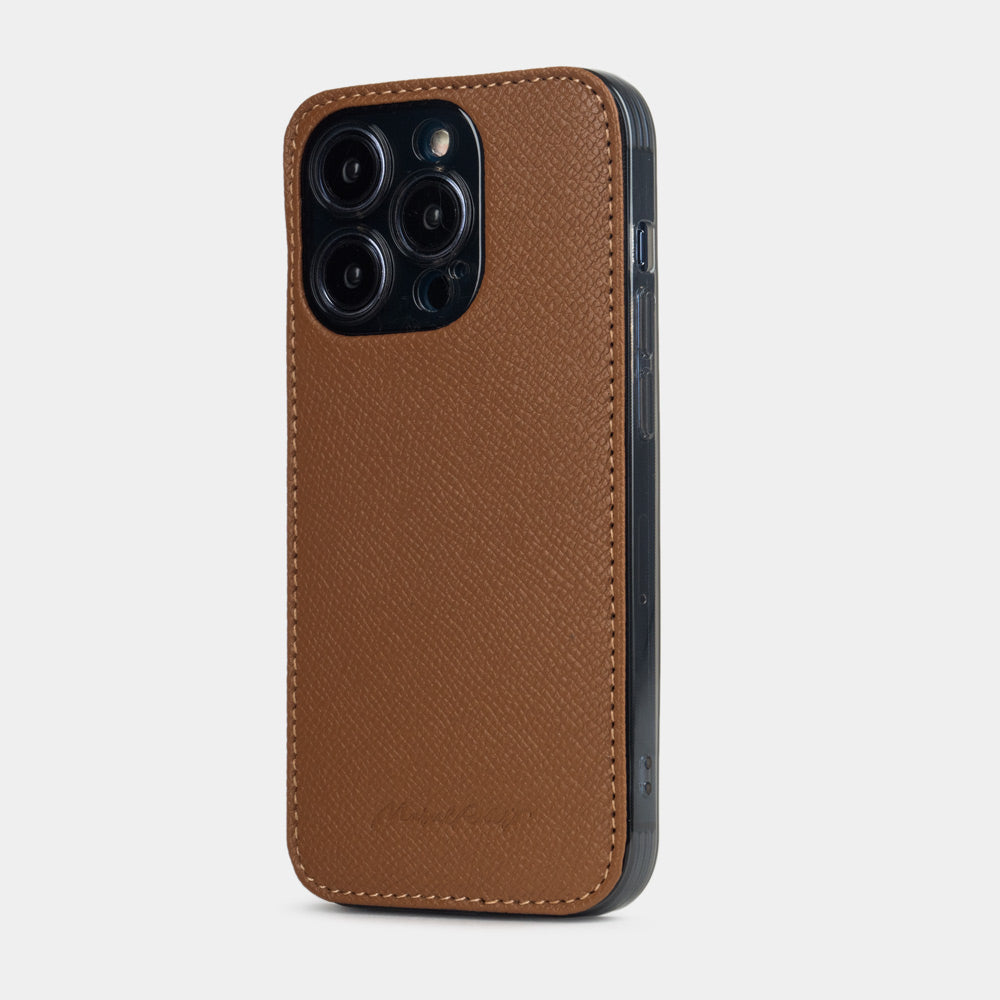 gold leather Cover Case iPhone 15 Pro Max - view from camera side & how the lenses are efficiently protected
