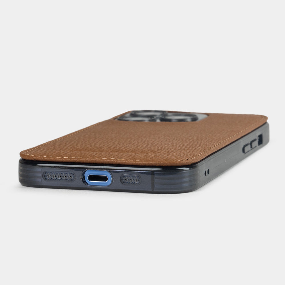 gold saffiano leather Cover Case iPhone 15 Pro Max - flat side view displaying ultra-thin handcrafted design, USB-C port opening and precise edge finishing