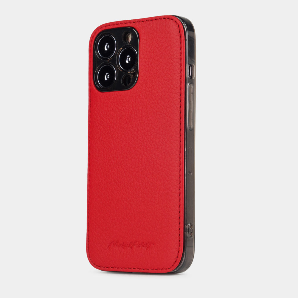 red leather Cover Case iPhone 15 Pro Max - view from camera side & how the lenses are efficiently protected