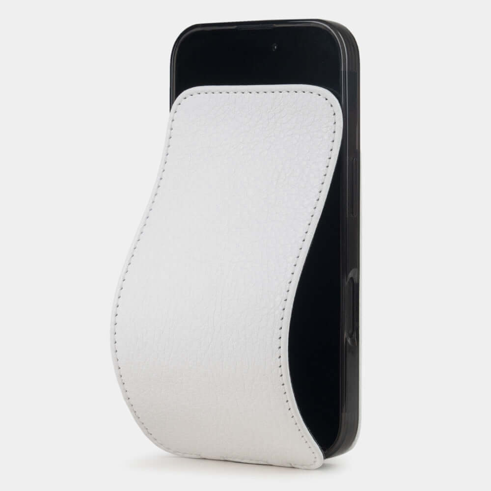 white calfskin flip case iPhone 16 – luxury handmade phone case in genuine leather with magnetic front cover partially open