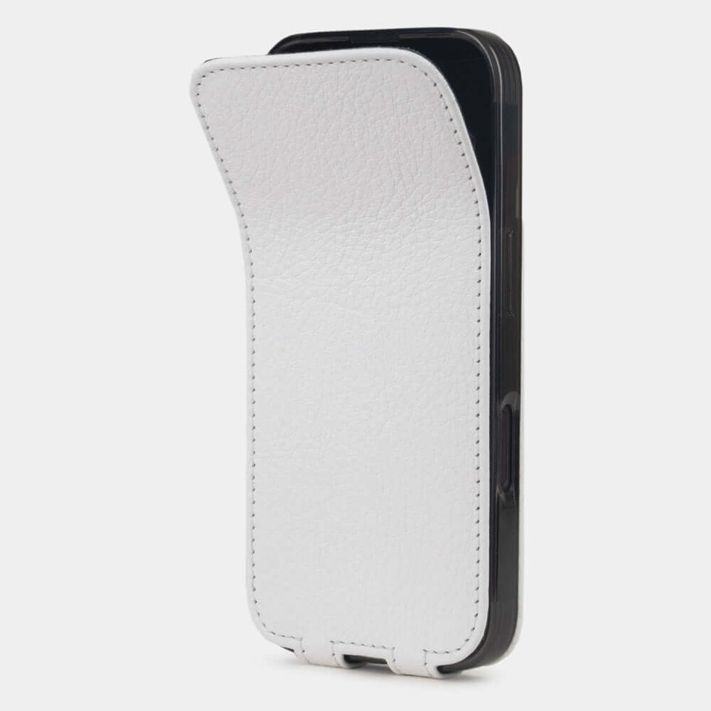 white calfskin Flip Case iPhone 16 – phone flip case with textured natural scale pattern, flexible front cover folding back to protect the smartphone screen
