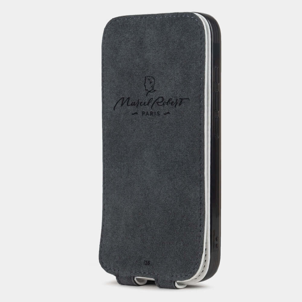 white Calfskin Flip Case iPhone 16 - interior view showing grey Alcantara lining with magnetic closure, designed to clean and protect the screen