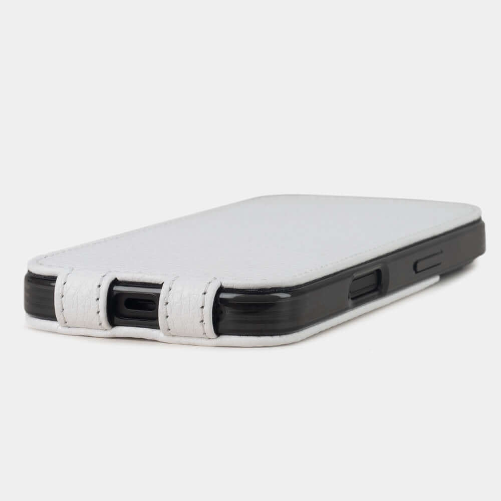 white calfskin Case iPhone 16 - flat side view displaying ultra-thin handcrafted design, USB-C port opening and precise edge finishing