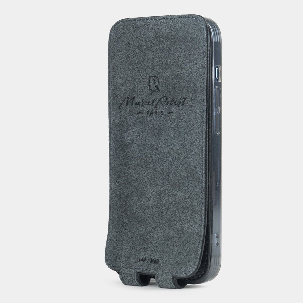 Black Saffiano Flip Case iPhone 15 Pro Max - interior view showing grey Alcantara lining with magnetic closure, designed to clean and protect the screen