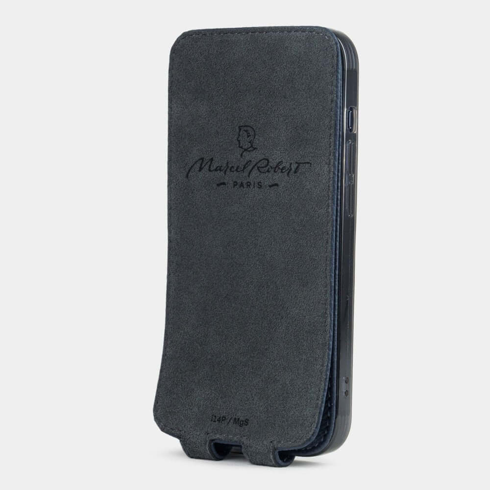 Blue Saffiano Flip Case iPhone 15 Pro Max - interior view showing grey Alcantara lining with magnetic closure, designed to clean and protect the screen