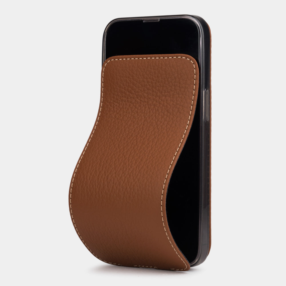 Gold calfskin leather flip case for iPhone 15 – folding magnetic flap curving away to clean the screen