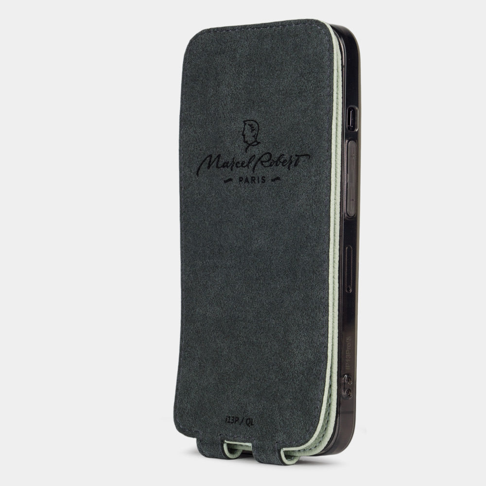 Pastel green calfskin leather flip case for iPhone 15 – Alcantara® inner lining to smoothly clean the iPhone's screen