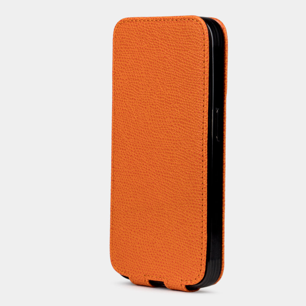 orange Calfskin Case iPhone 15 Pro & Pro Max – flexible front cover folded flat behind the phone, hands-free position for calls