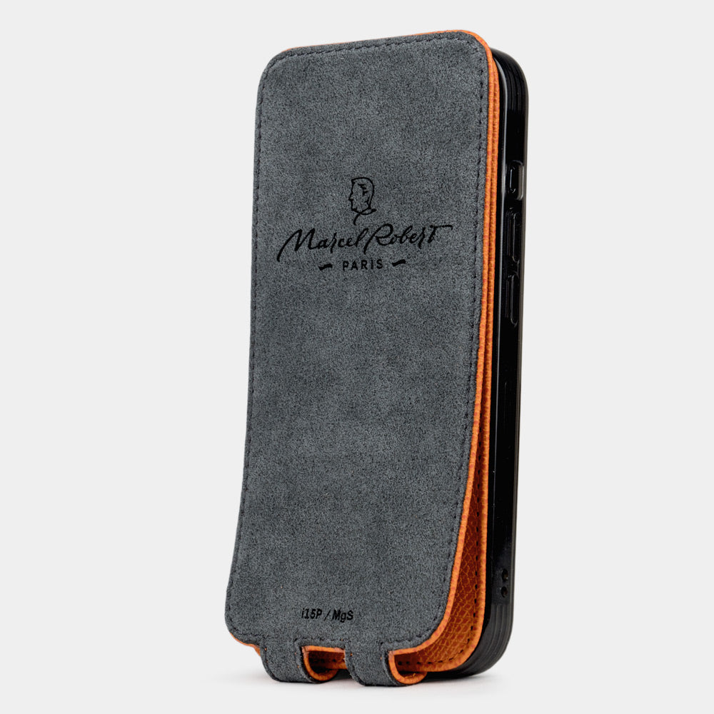 orange calfskin case iPhone 15 Pro & Pro Max - back exterior view showing the full-grain leather finish