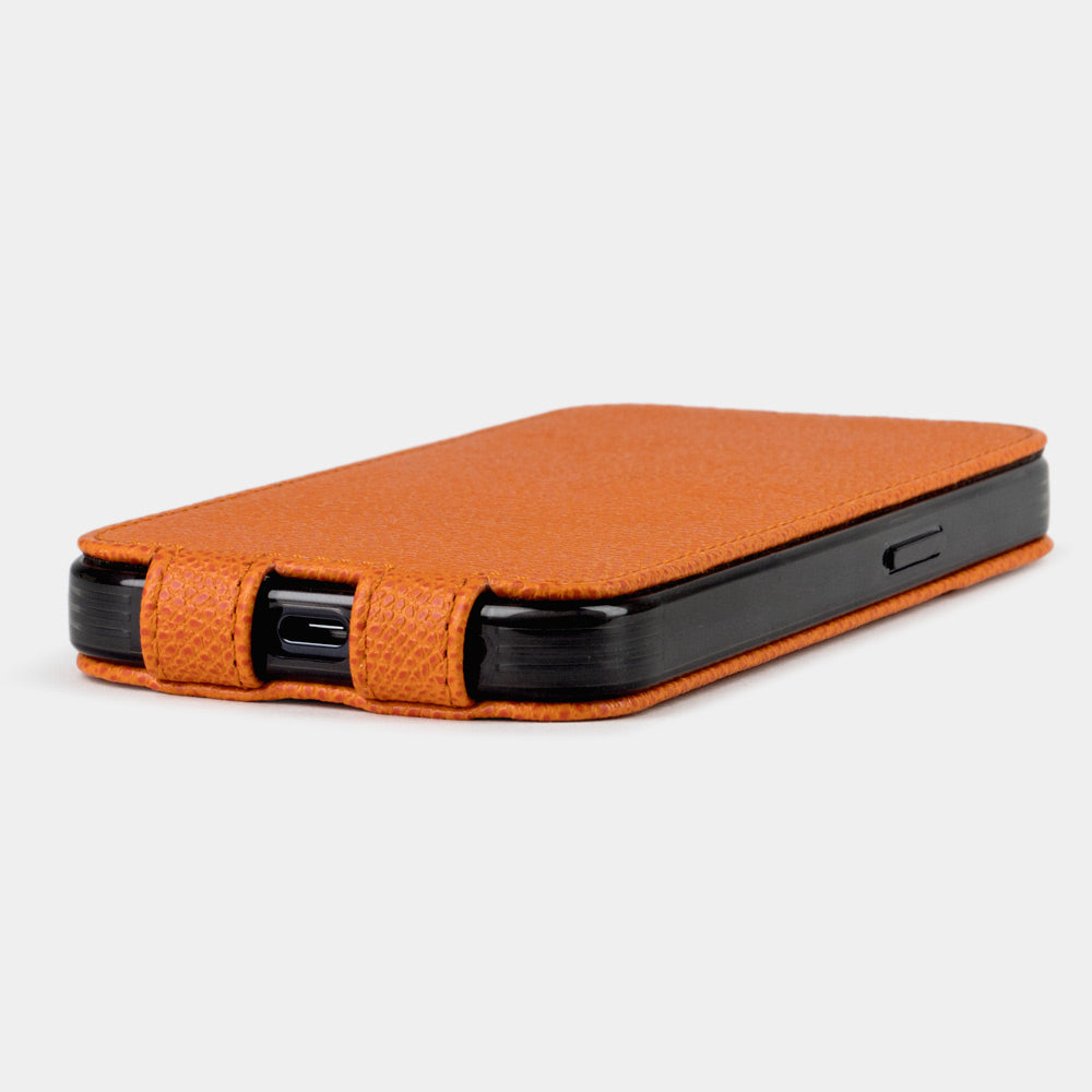 orange Calfskin Case iPhone 15 Pro & Pro Max - view from camera side and how the lenses are efficiently protected