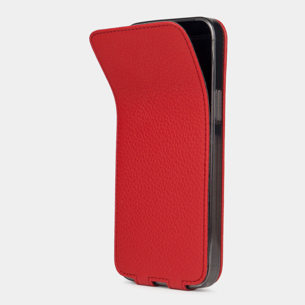red calfskin Case iPhone 15 Pro & Pro Max - view how the iphone is inserted into the silicone case and the soft cover