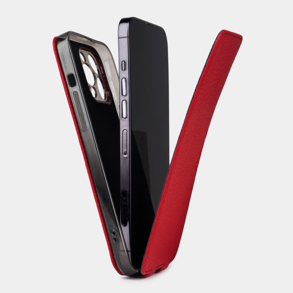 Red calfskin leather flip case for iPhone 15 – case shown apart from the phone, how to install the phone into the slim shell and camera cutout visible