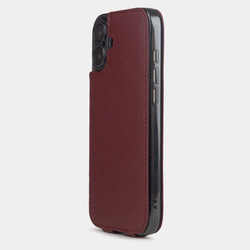 flip case iPhone 17 bordeauxlue premium leather manufactured by Marcel Robert – view from camera side and how the lenses are efficiently protected