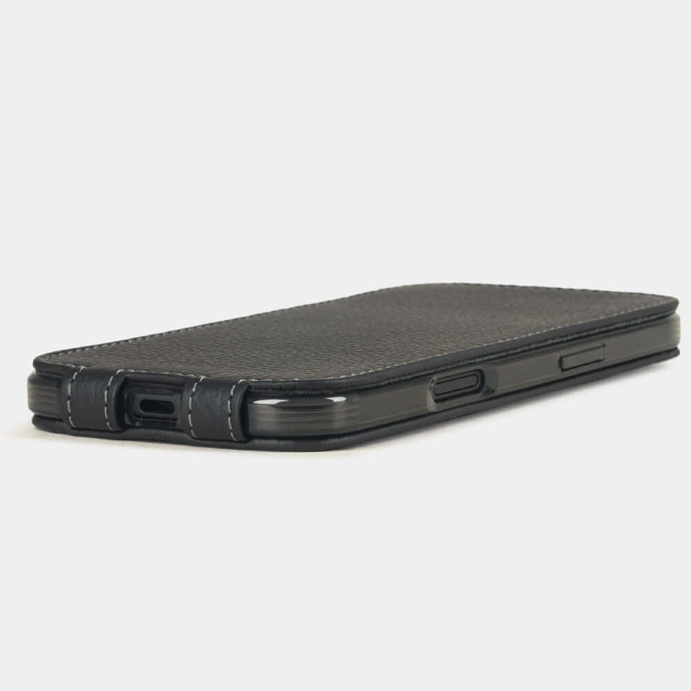 Black Calfskin Case iPhone 17 Air - flat side view displaying ultra-thin handcrafted design, USB-C port opening and precise edge finishing