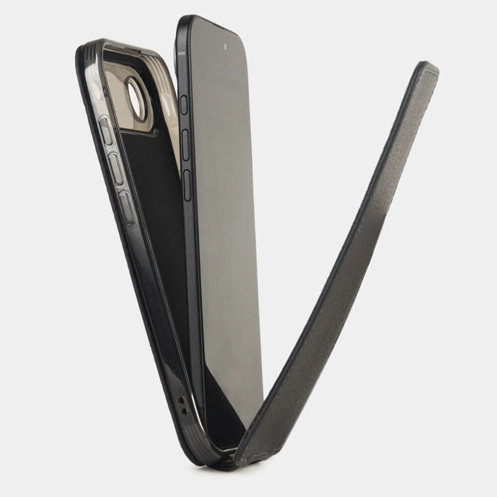 Black Calfskin Case iPhone 17 Air - flip phone case shown open on smartphone, natural scale texture with folding front cover