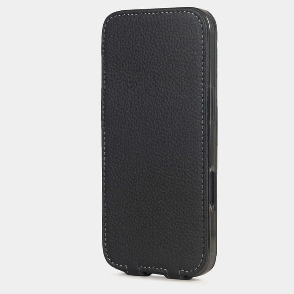 Black Calfskin Case iPhone 17 Air – upright closed view highlighting the magnetic front cover fully protecting the screen, elegant silhouette