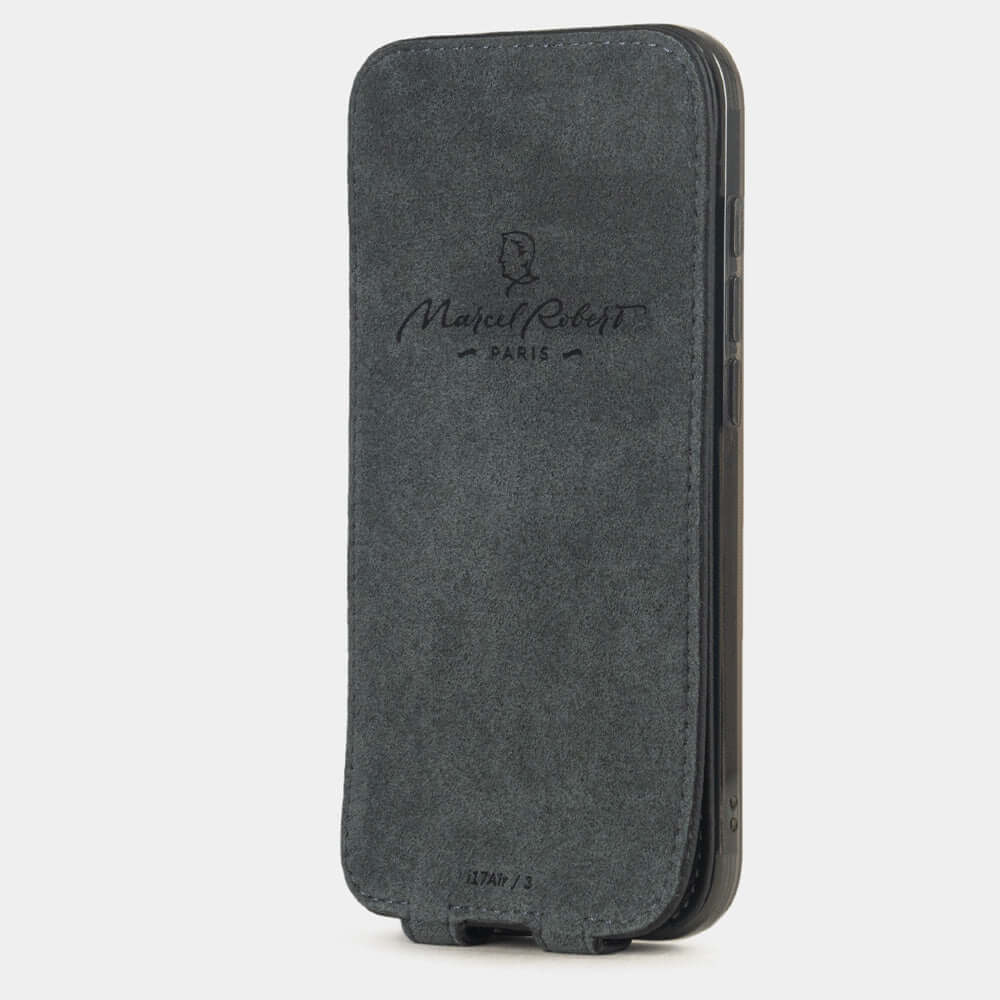 Black Calfskin Case iPhone 17 Air - interior view showing grey Alcantara lining with magnetic closure, designed to clean and protect the screen