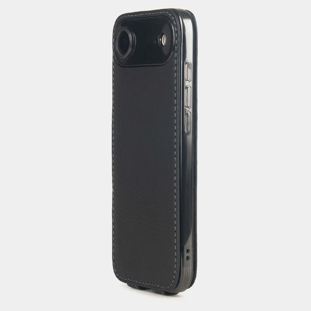 Black Calfskin Case iPhone 17 Air - view from camera side and how the lenses are efficiently protected