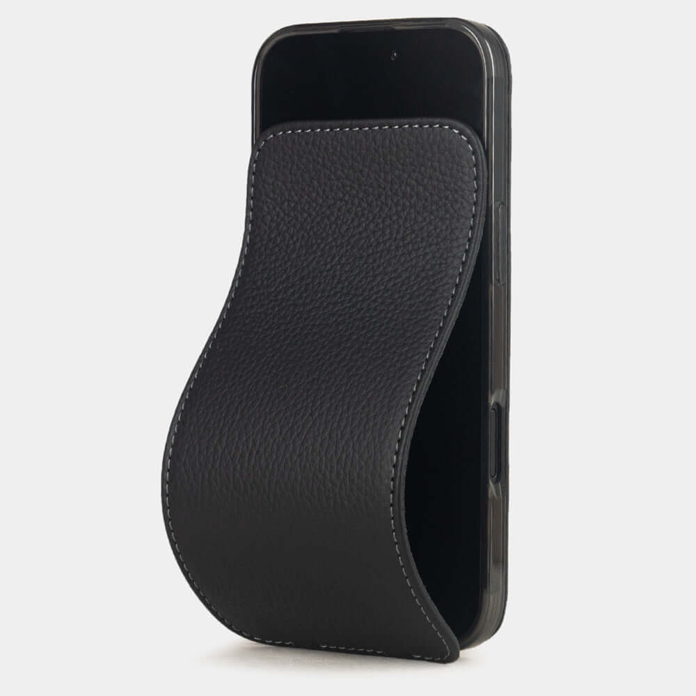 Black Calfskin Case iPhone 17 Air – luxury handmade phone case in genuine leather with magnetic front cover partially open, main photo