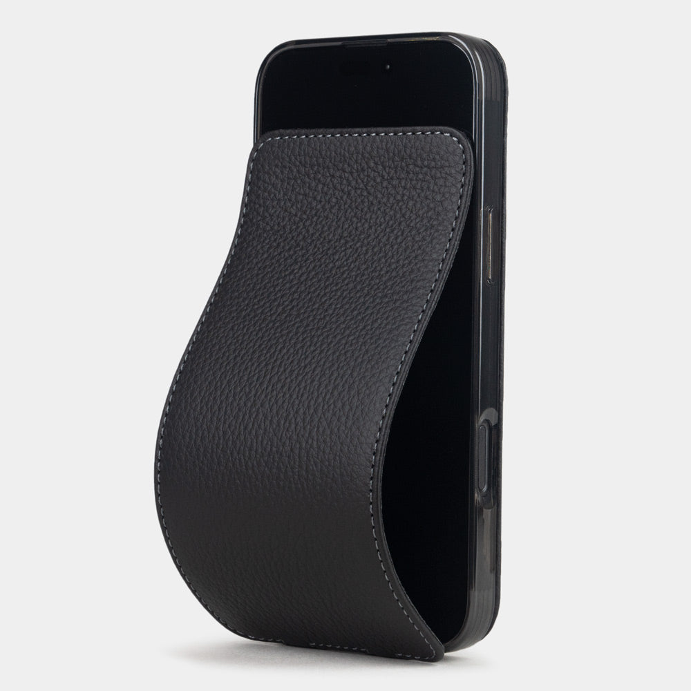 black leather flip case iPhone 17 – luxury handmade phone case in genuine leather with magnetic front cover partially open