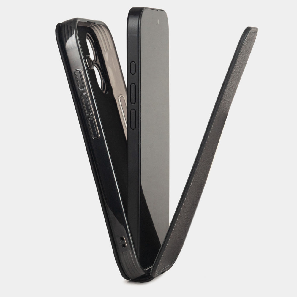 black leather flip case iPhone 17 - view how iphone is inserted into silicone case and cover