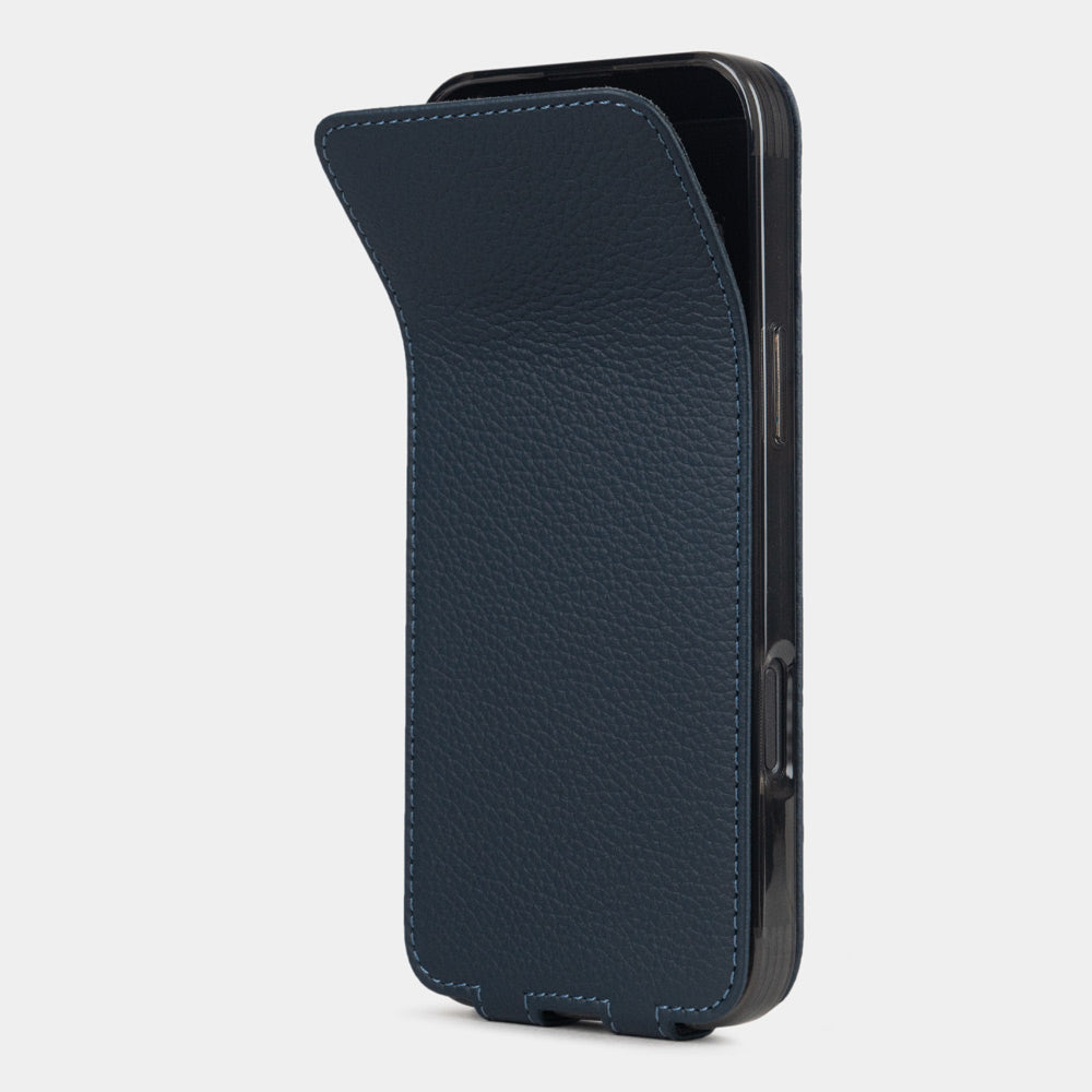 blue leather flip case iPhone 17 – phone flip case with textured natural scale pattern, flexible front cover folding back to protect the smartphone screen