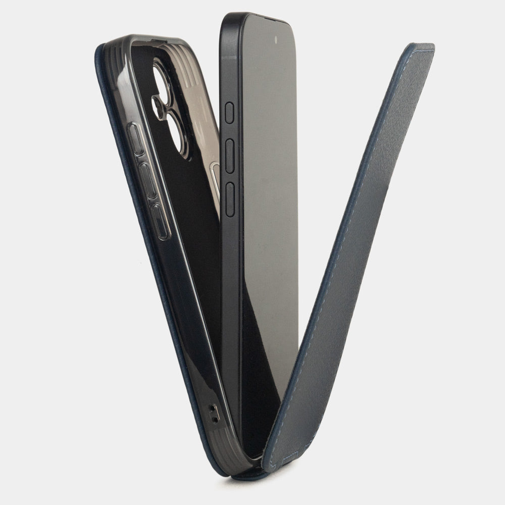 blue leather flip case iPhone 17 - view how iphone is inserted into silicone case and cover