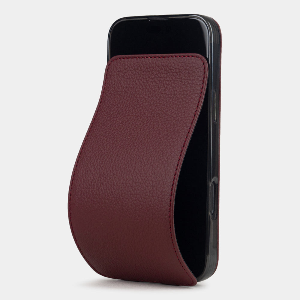 Bordeaux leather flip case iPhone 17 – luxury handmade phone case in genuine leather with magnetic front cover partially open