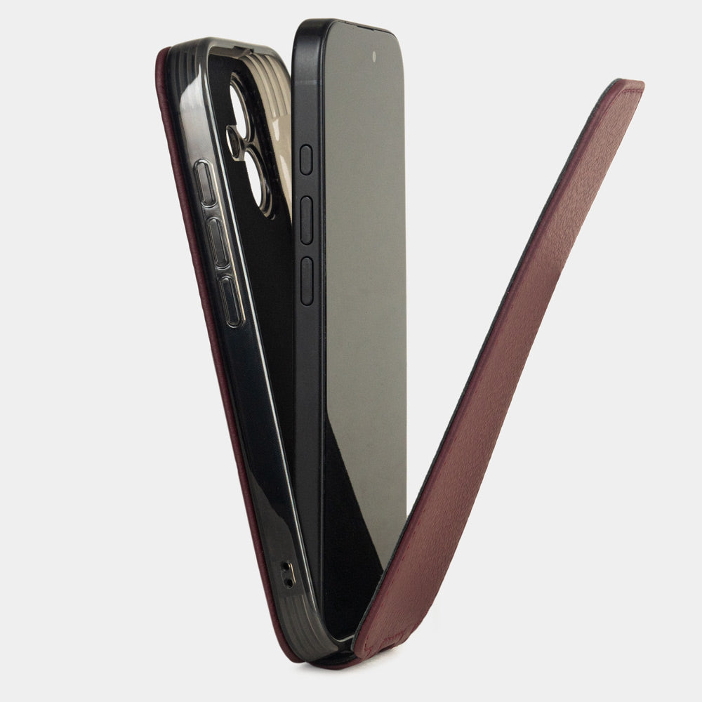 Bordeaux leather flip case iPhone 17 - view how iphone is inserted into silicone case and cover