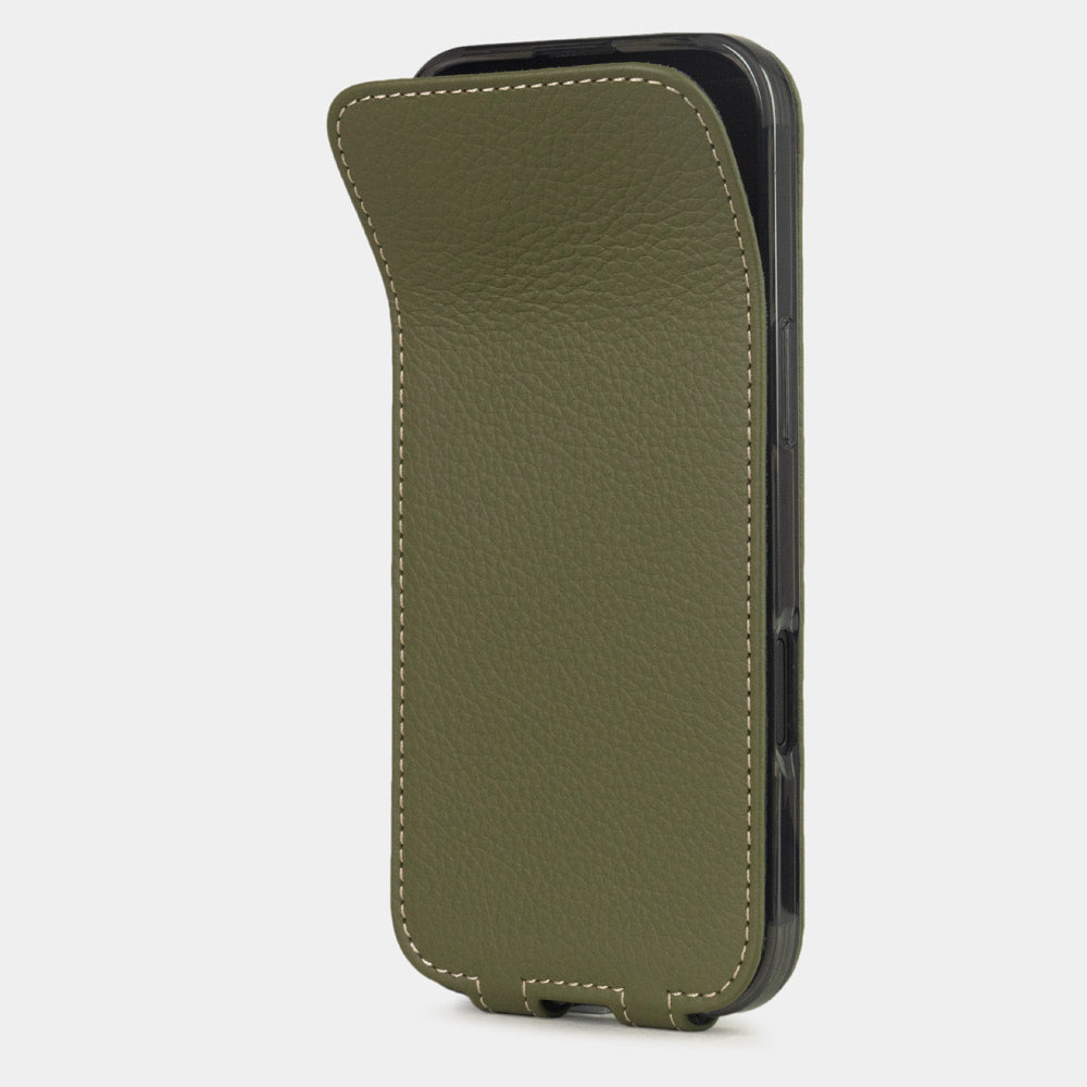 Bordeaux leather flip case iPhone 17 – phone flip case with textured natural scale pattern, flexible front cover folding back to protect the smartphone screen