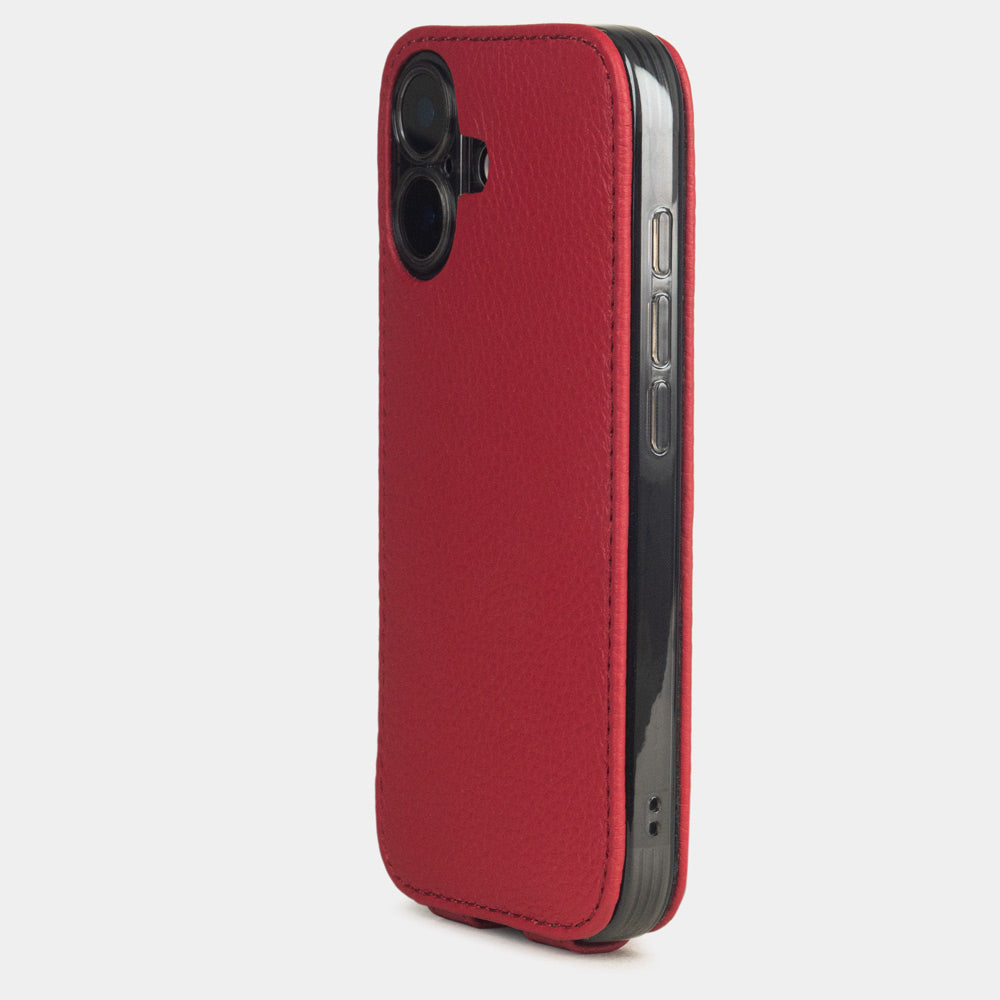 red leather flip case iPhone 17 - view from camera side and how the lenses are efficiently protected