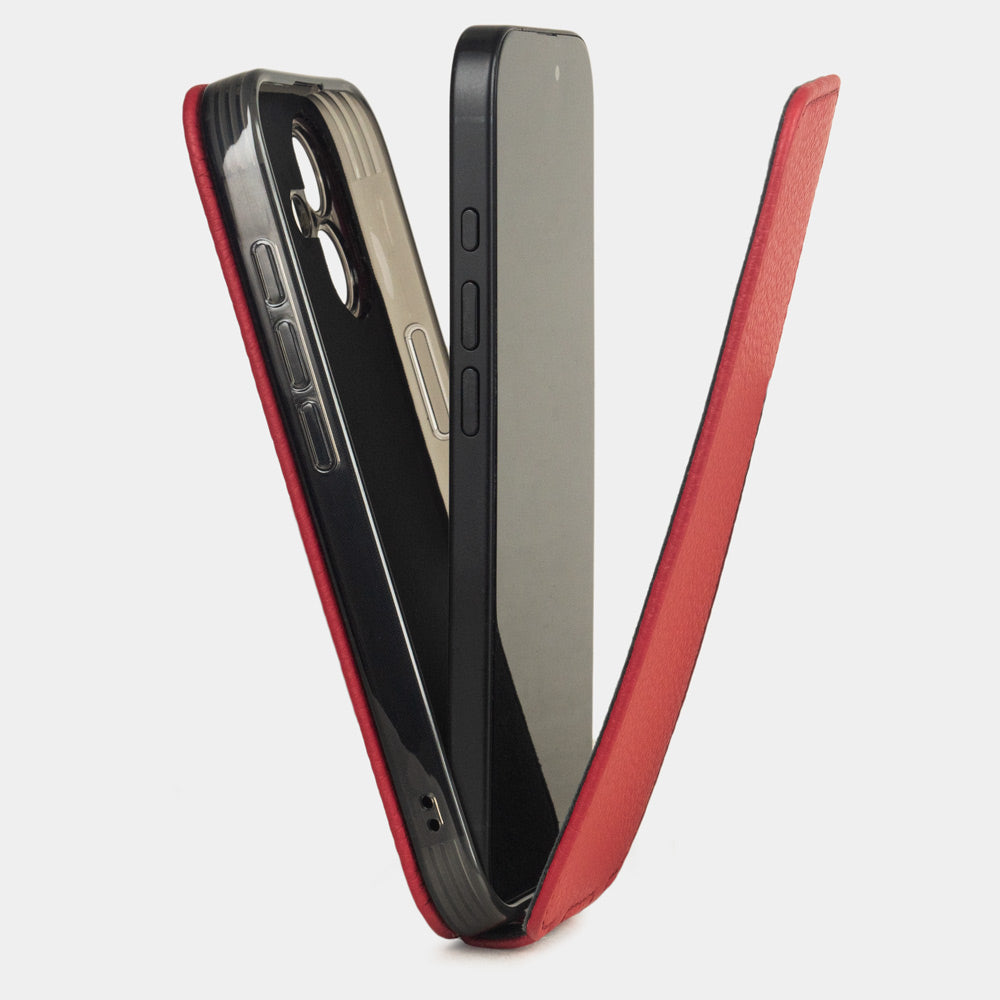red leather flip case iPhone 17 - view how iphone is inserted into silicone case and cover