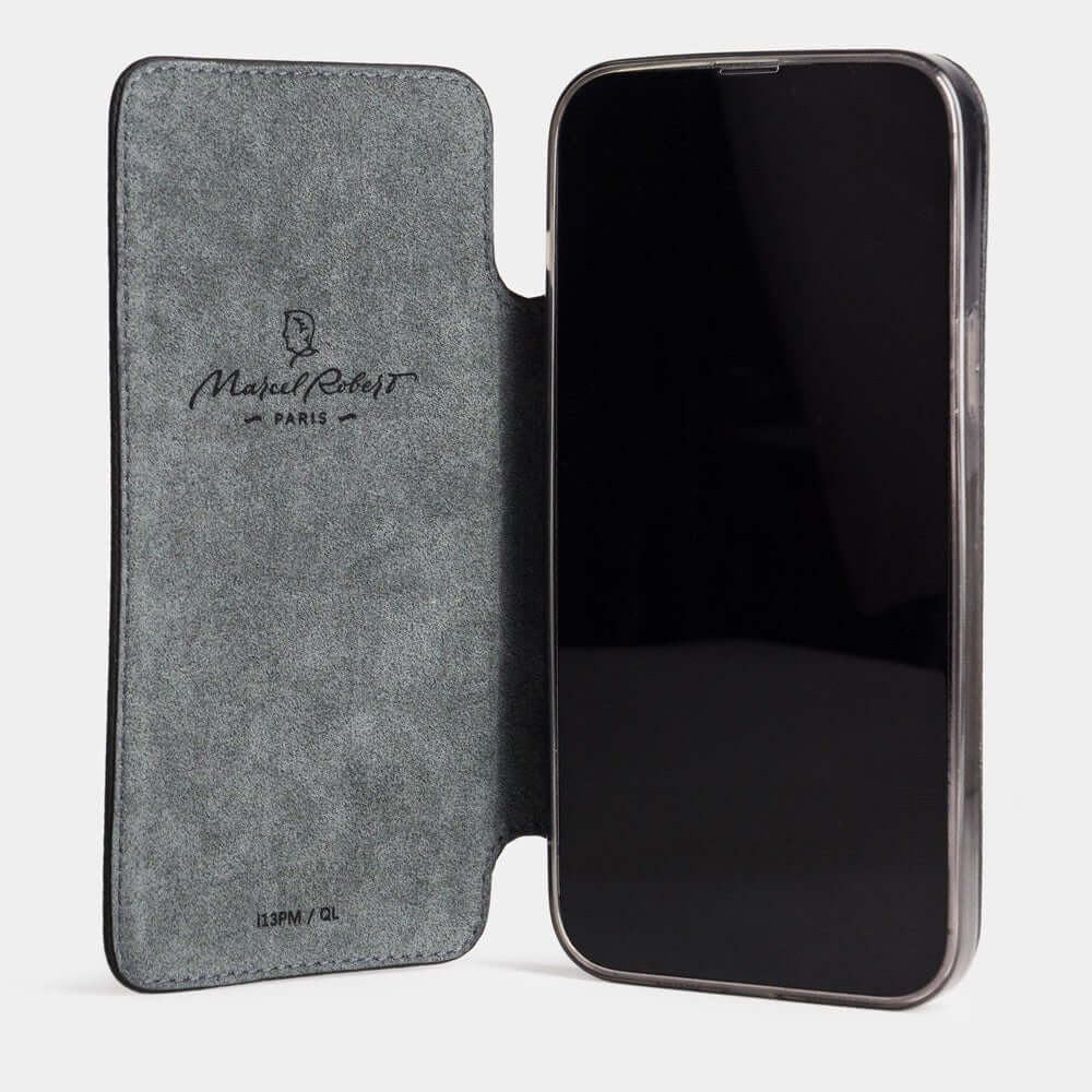 Black Calfskin Wallet Case iPhone 15 Pro Max - case with grey Alcantara lining shown open on smartphone