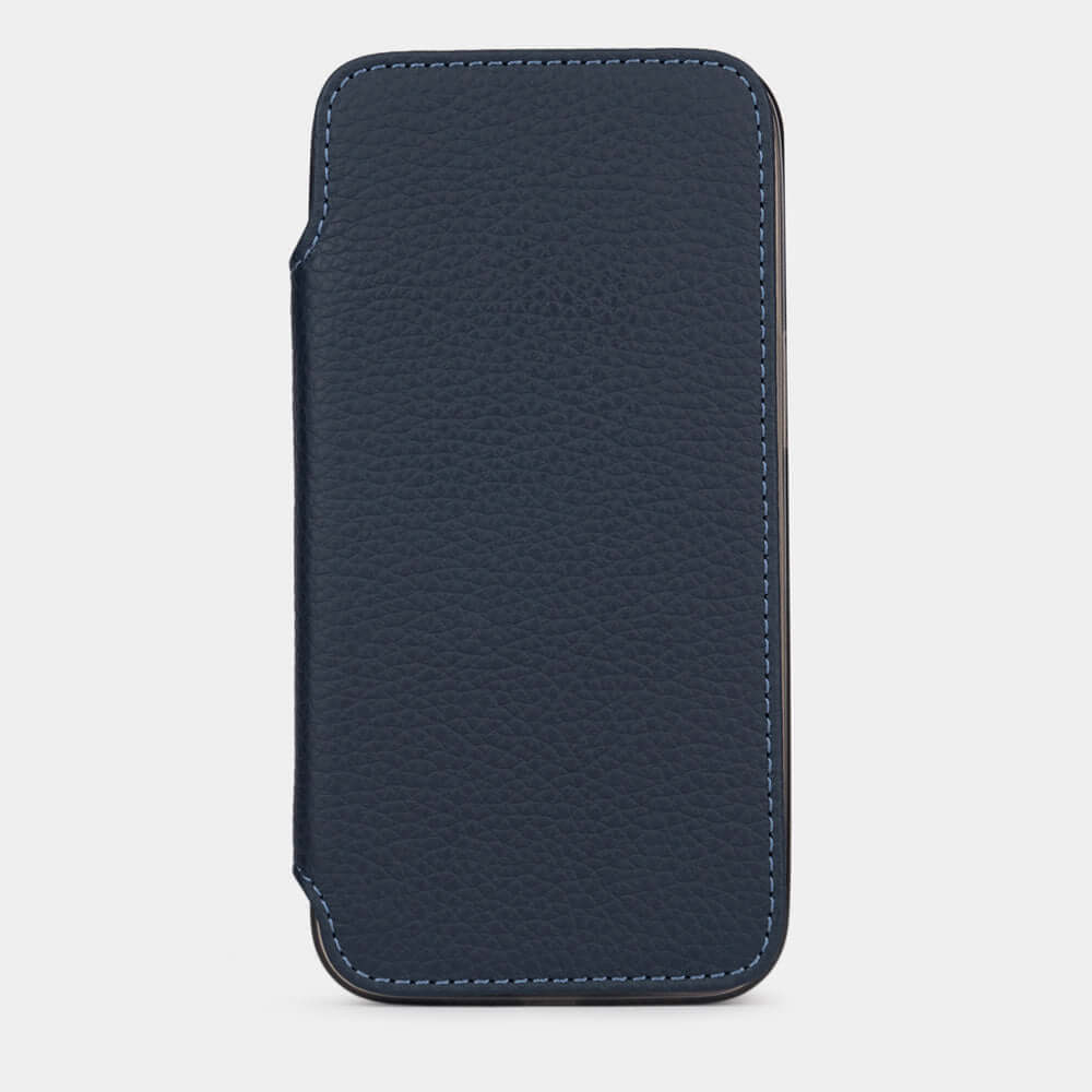 Blue Calfskin Wallet Case iPhone 16 Pro Max – upright closed view highlighting the magnetic front cover fully protecting the screen, elegant silhouette