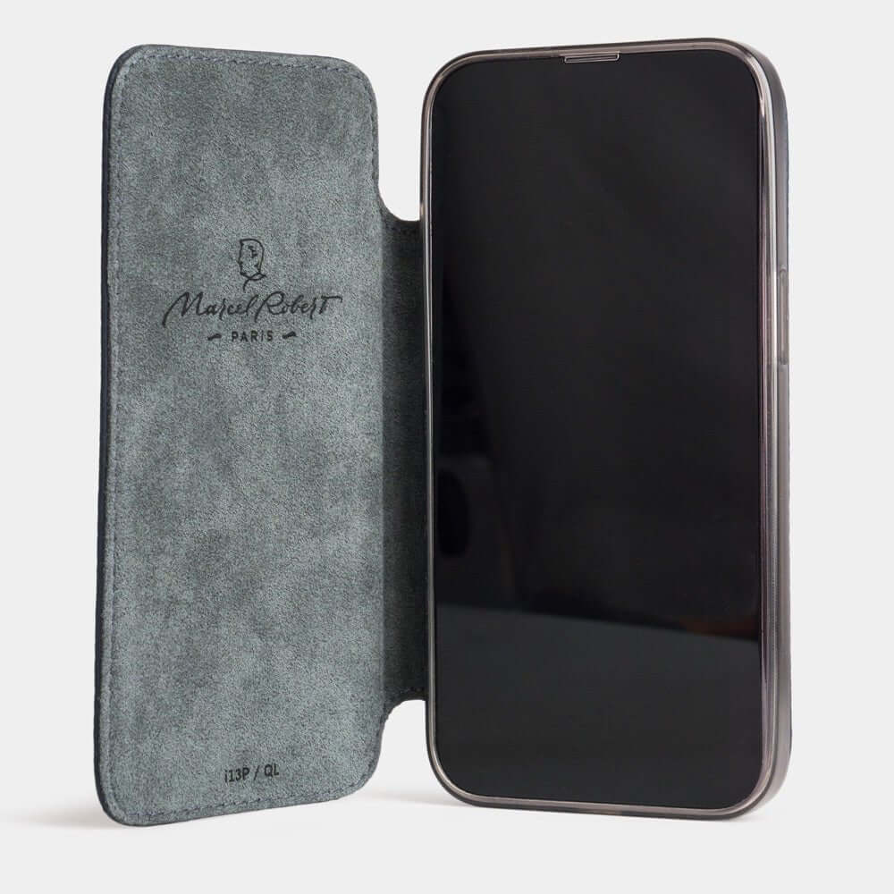 Blue Calfskin Wallet Case iPhone 16 Pro Max - case with grey Alcantara lining shown open on smartphone