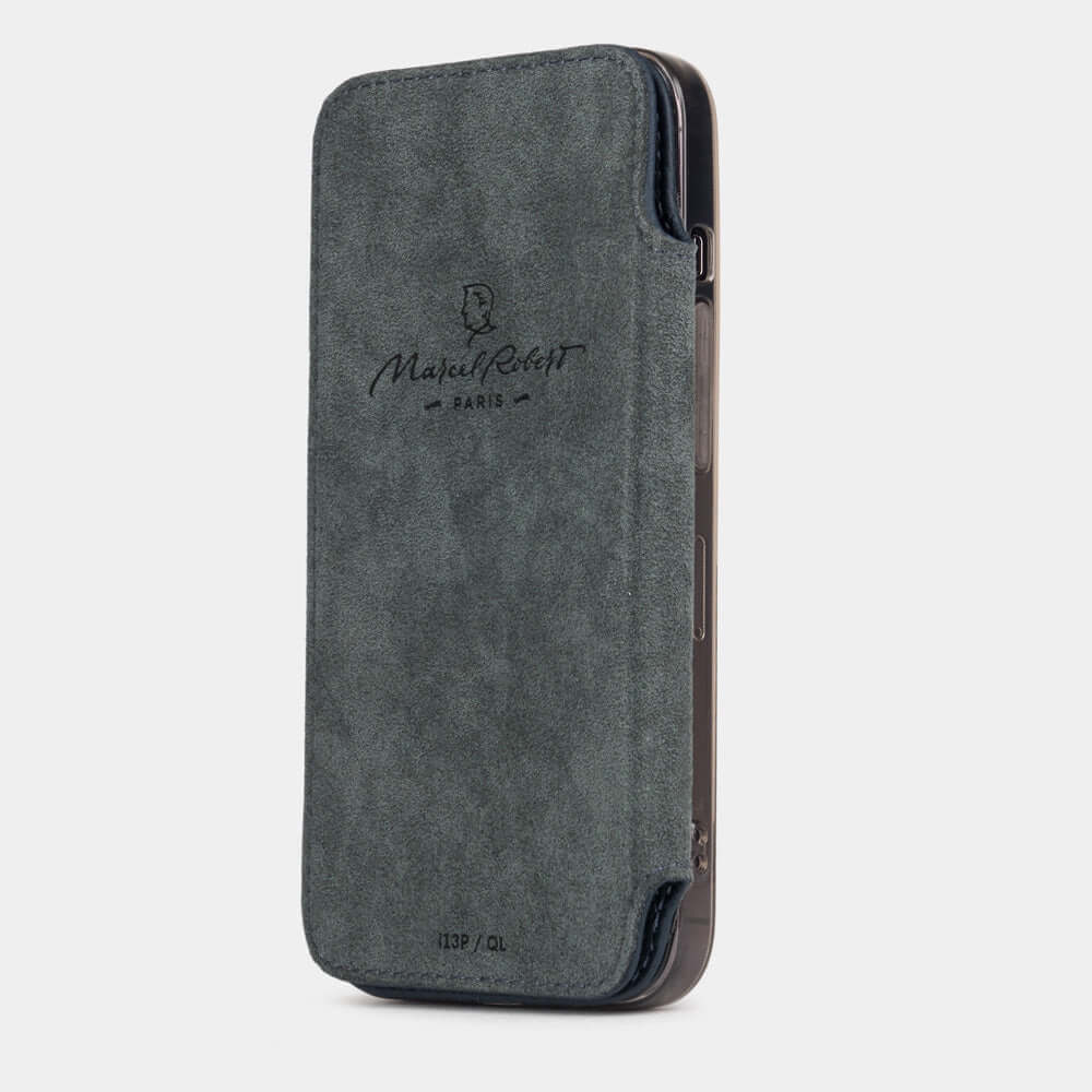 Blue Calfskin Wallet Case iPhone 16 Pro Max - view from camera side and how the lenses are efficiently protected