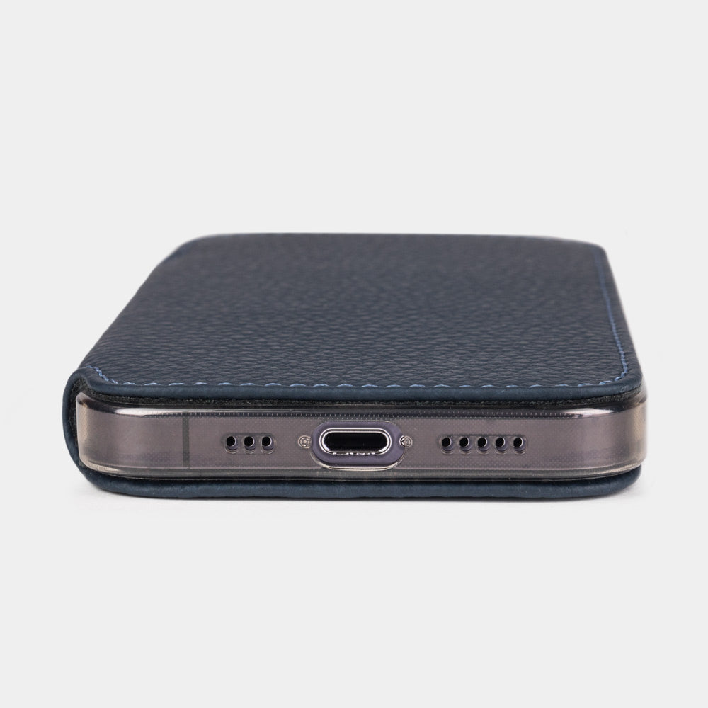 Blue calfskin leather folio case for iPhone 15 Pro – bottom edge with the port opening and speaker cutouts