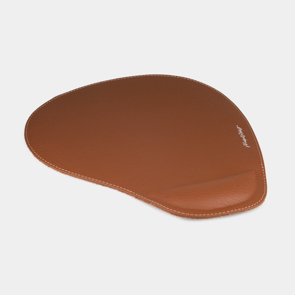 Tappetino mouse in pelle gold, vista laterale del poggiapolsi imbottito e della cucitura