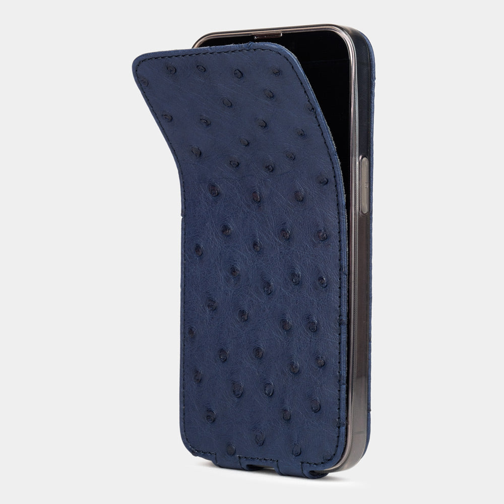 blue ostrich leather iPhone 13 mini flip case shown partially open, slim handcrafted leather cover with magnetic flap