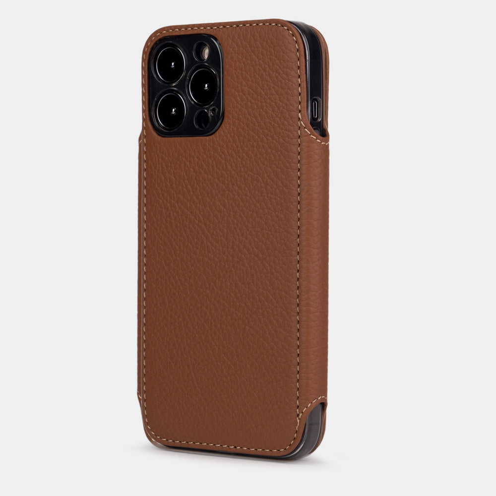 Gold calfskin leather folio case for iPhone 15 Pro – back view showing the camera cutout and hand-stitched edges