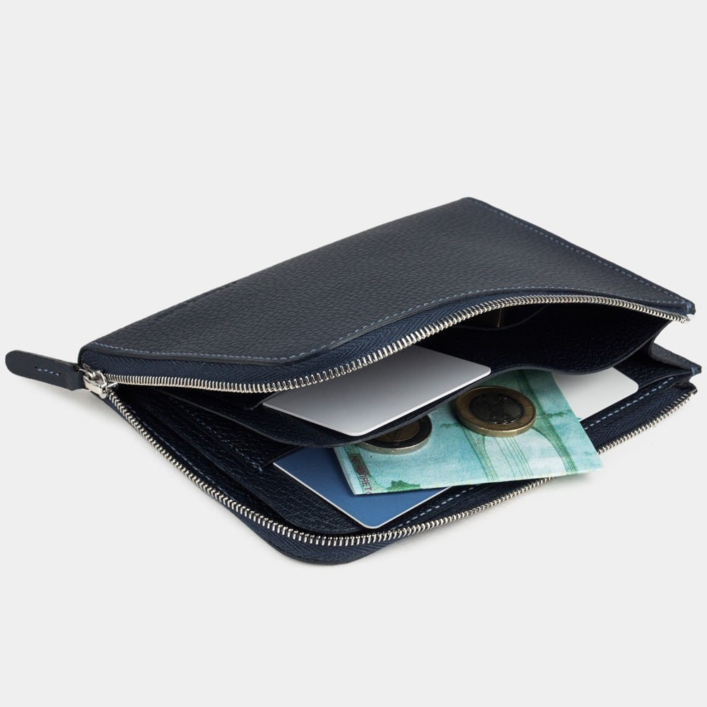 men’s leather zip wallet with card holder blue